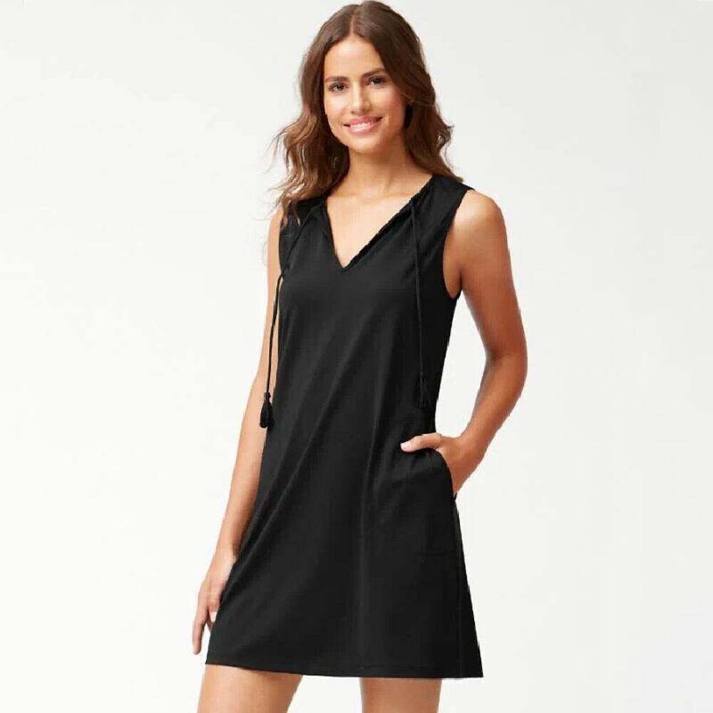 TOMMY BAHAMA $131 Solid Black Smooth Stretch Split Neck Swim Dress Size XS